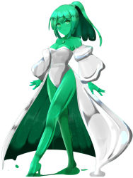 Rule 34 | 1girl, bare shoulders, breasts, cleavage, colored skin, detached sleeves, full body, gem, green eyes, green gemstone, green hair, green skin, hair ornament, hair scrunchie, leotard, long hair, monster girl, original, rethnick, scrunchie, simple background, slime girl, small breasts, solo, standing, white background