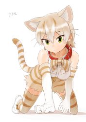 Rule 34 | 1girl, absurdres, animal ear fluff, animal ears, animal print, bare shoulders, blonde hair, bow, bowtie, cat (kemono friends), cat ears, cat girl, cat print, cat tail, collar, elbow gloves, extra ears, gloves, green eyes, high-waist skirt, highres, kemono friends, multicolored hair, print bow, print bowtie, print gloves, print neckwear, print skirt, print thighhighs, red collar, shoes, short hair, skirt, sleeveless, sneakers, solo, tail, thighhighs, totori (ttr oti), whiskers, white footwear, white hair, zettai ryouiki