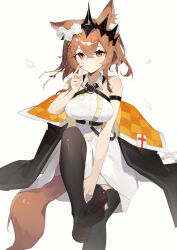 1girl absurdres animal_ears arknights black_thighhighs black_tiara breasts brown_eyes brown_hair cat_ears cat_girl dress feet flower foot_out_of_frame hair_between_eyes hair_flower hair_ornament highres jacket looking_at_viewer no_shoes rose short_hair sitting solo tail teketi thighhighs tiara vendela_(arknights) white_dress white_flower white_rose