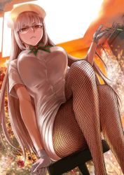 Rule 34 | 1girl, braid, breasts, cross, fate/grand order, fate (series), florence nightingale (fate), florence nightingale (santa) (fate), glasses, gloves, hat, large breasts, long hair, looking at viewer, nurse, nurse cap, official art, pantyhose, red cross, red eyes, single braid, solo