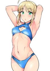 Rule 34 | 1girl, ahoge, armpits, artoria pendragon (all), artoria pendragon (fate), bare arms, blonde hair, breasts, cleavage cutout, clothing cutout, cowboy shot, fate/stay night, fate (series), green eyes, highres, looking at viewer, navel, saber (fate), simple background, small breasts, solo, standing, stomach, sweat, tsurui, white background