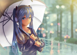 Rule 34 | 1girl, blue eyes, blue hair, blurry, bokeh, casual, city, collarbone, dated, depth of field, hatsune miku, headphones, helk, holding, holding umbrella, lens flare, light smile, long hair, long sleeves, looking at viewer, matching hair/eyes, puddle, rain, reflection, road, signature, solo, street, sweater, twintails, umbrella, upper body, very long hair, vocaloid