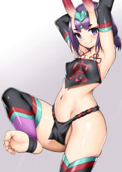 Rule 34 | 1girl, armpits, arms behind head, arms up, bare shoulders, black fundoshi, black thighhighs, blush, breasts, chinese clothes, closed mouth, collarbone, detached sleeves, dudou, eyeliner, fate/grand order, fate (series), feet, forehead jewel, fundoshi, gradient background, grey background, headpiece, heart, horns, japanese clothes, low twintails, makeup, navel, no panties, oni, pelvic curtain, purple eyes, purple hair, short eyebrows, short hair, short twintails, shuten douji (fate), shuten douji (fate/grand order), shuten douji (halloween caster) (fate), skin-covered horns, skindentation, small breasts, smile, soles, stirrup legwear, thighhighs, thighs, toeless legwear, toes, toshishikisai, twintails