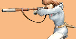 Rule 34 | 1girl, breasts, brown hair, closed mouth, commentary, dress, gloves, gun, kaze no tani no nausicaa, nausicaa, short hair, simple background, solo, tk914, weapon