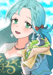 Rule 34 | 1girl, :d, aqua hair, blue sky, bow, braid, breasts, chloe (fire emblem), cleavage, cloud, commentary request, day, dress, earrings, fire emblem, fire emblem engage, food, green dress, green eyes, hair bow, hanabana cho, holding, holding food, jewelry, long hair, looking at viewer, medium breasts, nintendo, open mouth, red bow, sandwich, sky, smile, solo, upper body