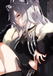 Rule 34 | 1girl, ahoge, animal ear fluff, animal ears, black jacket, black shirt, breasts, cleavage, crop top, ear piercing, feet out of frame, from side, fur-trimmed jacket, fur trim, grey eyes, grey hair, grey skirt, hololive, jacket, jewelry, large breasts, lion ears, lion girl, long hair, looking at viewer, miniskirt, navel, necklace, off shoulder, parted lips, piercing, see-through, see-through cleavage, shadow, shirt, shishiro botan, shishiro botan (1st costume), sidelocks, sitting, skin tight, skirt, sleeveless, sleeveless shirt, sleeves past wrists, solo, striped clothes, striped shirt, thighs, tsushi, vertical-striped clothes, vertical-striped shirt, virtual youtuber