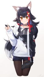 Rule 34 | 1girl, absurdres, animal ears, black hair, cropped legs, gradient background, hair ornament, hairclip, highres, hololive, hood, hoodie, long hair, oksuri, ookami mio, ookami mio (casual), orange eyes, pantyhose, shorts, signature, smile, tail, tail around own leg, virtual youtuber, wolf ears, wolf tail