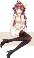 Rule 34 | 10s, 1girl, ahoge, bad id, bad pixiv id, bare shoulders, black footwear, black thighhighs, blush, boots, brown eyes, brown hair, casual, double bun, finger to mouth, grin, hair bun, headgear, high heel boots, high heels, kantai collection, kongou (kancolle), long hair, looking to the side, md5 mismatch, meaomao, no pants, parted lips, simple background, sitting, smile, solo, sweater, teeth, thigh boots, thighhighs, very long hair, white background, zettai ryouiki