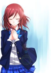 Rule 34 | 10s, 1girl, akihila, blazer, cowboy shot, closed eyes, facing viewer, hands on own chest, highres, jacket, lens flare, love live!, love live! school idol project, nishikino maki, open clothes, open jacket, red hair, school uniform, skirt, smile, solo, wind