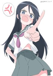 Rule 34 | 1girl, absurdres, anger vein, aragaki ayase, artist name, black hair, blue eyes, blush, breasts, commentary request, cowboy shot, green sailor collar, green skirt, hair between eyes, hand on own hip, highres, index finger raised, long hair, looking at viewer, medium breasts, midriff, neckerchief, open mouth, ore no imouto ga konna ni kawaii wake ga nai, outstretched arm, pleated skirt, pointing, pointing at viewer, purple neckerchief, red neckerchief, sailor collar, school uniform, serafuku, shirt, short sleeves, simple background, skirt, solo, speech bubble, spoken anger vein, standing, sweatdrop, twitter username, v-shaped eyebrows, white background, white gorilla (okamoto), white shirt