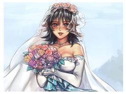 Rule 34 | 1girl, anoushka russell, ayamine kei, black hair, bouquet, bridal veil, choker, collarbone, commentary, commission, dress, elbow gloves, english commentary, flower, gloves, hair flower, hair ornament, holding, holding bouquet, jewelry, medium hair, muv-luv, necklace, parted lips, pink flower, portrait, purple eyes, purple flower, red flower, smile, solo, tulip, veil, wedding dress, white gloves