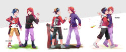 Rule 34 | 2boys, ^ ^, absurdres, ahoge, angry, backwards hat, black pants, blue eyes, blue hair, blush, bridge, closed eyes, creatures (company), ethan (pokemon), feathers, game freak, grin, hand on own chest, happy, hat, high collar, highres, holding, holding poke ball, jacket, long hair, looking at another, male focus, multiple boys, neva na10, nintendo, open mouth, pants, poke ball, pokemon, pokemon gsc, pokemon hgss, pokemon masters ex, purple eyes, purple pants, railing, red hair, short hair, shorts, shouting, sidelocks, silver (pokemon), smile, surprised, sweatdrop, timeline