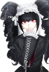 Rule 34 | 1girl, black hair, bonnet, celestia ludenberg, covering own mouth, cowboy shot, danganronpa: trigger happy havoc, danganronpa (series), drill hair, earrings, frills, gothic lolita, haembeogeo, jacket, jewelry, lolita fashion, long hair, long sleeves, looking at viewer, necktie, red eyes, red necktie, simple background, solo, twin drills, twintails