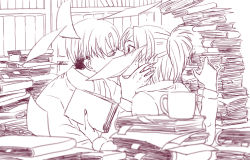 Rule 34 | 1boy, 1girl, ascot, bad id, bad pixiv id, blurry, blush, book, bookshelf, cup, depth of field, face-to-face, flying paper, glasses, grabbing another&#039;s chin, hand on another&#039;s chin, hange zoe, hetero, holding, holding book, imminent kiss, implied kiss, kiss, levi (shingeki no kyojin), monochrome, mug, noah (livas), noah 0628, paper, shingeki no kyojin, sweatdrop, too many, too many books