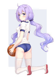 Rule 34 | 1girl, ahoge, azur lane, ball, basketball, basketball (object), blue buruma, blush, breasts, buruma, commentary request, gym shirt, gym uniform, hair between eyes, hair ornament, hair scrunchie, highres, holding, holding ball, kneeling, long hair, looking at viewer, looking to the side, medium breasts, purple eyes, purple hair, scrunchie, shirt, shoes, short sleeves, smile, solo, thighhighs, twintails, unicorn (azur lane), uwabaki, white shirt, white thighhighs, yamasan
