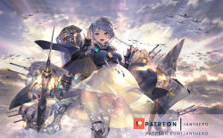 Rule 34 | 1girl, aircraft, airplane, azur lane, bird, black gloves, blue jacket, breasts, cannon, cleavage, cloud, cloudy sky, cowboy shot, dawn, day, dress, fingerless gloves, fish hair ornament, gloves, grey eyes, hair ornament, highres, jacket, janyhero, long sleeves, looking at viewer, medium breasts, ocean, open mouth, outdoors, panties, patreon logo, patreon username, rigging, seagull, seattle (azur lane), short hair, silver hair, sky, smile, solo, sunlight, thighhighs, thighs, turret, underwear, water, watermark, web address, white panties, white thighhighs
