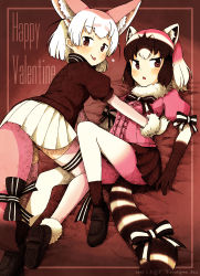 Rule 34 | 10s, 2girls, absurdres, all fours, animal ears, bad id, bad pixiv id, bow, bowtie, brown legwear, brown sweater, common raccoon (kemono friends), enk 0822, extra ears, fang, fennec (kemono friends), fox ears, fox tail, fur collar, fur trim, gloves, highres, kemono friends, looking at viewer, multicolored hair, multiple girls, open mouth, pink sweater, raccoon ears, raccoon tail, ribbon, short hair, smile, striped tail, sweater, tail, tail ornament, tail ribbon, tongue, tongue out, valentine, yuri