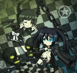Rule 34 | 10s, 2girls, belt, bikini, bikini top only, black dress, black hair, black rock shooter, black rock shooter (character), blue eyes, blue fire, blunt bangs, bone, boots, bow, chain, checkered floor, chibi, dead master, demon wings, dress, eye contact, fire, glowing, glowing eye, green eyes, green hair, highres, hood, hooded jacket, horns, jacket, looking at another, looking at viewer, multiple girls, one eye closed, ribbon, rubble, shoes, shorts, skull, star (symbol), swimsuit, teasing, tonee, tongue, tongue out, twintails, weapon, white bow, wings, wink
