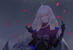 Rule 34 | 1girl, antenna hair, arknights, arm cuffs, ascot, bare shoulders, black ascot, black gloves, breasts, chinese commentary, commentary, detached sleeves, gloves, hair between eyes, highres, index finger raised, infection monitor (arknights), long hair, looking at viewer, medium breasts, red eyes, shirt, silver hair, skadi (arknights), skadi (elite ii) (arknights), sleeveless, sleeveless shirt, solo, storia, upper body, very long hair