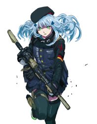 Rule 34 | 5kpgte, assault rifle, beret, black hat, commentary request, cowboy shot, german flag, girls&#039; frontline, green eyes, gun, h&amp;k hk416, hair ornament, hat, highres, hk416 (girls&#039; frontline), holding, holding gun, holding weapon, holster, jacket, long hair, long sleeves, looking at viewer, rifle, running, silver hair, thigh holster, thighhighs, weapon, white background