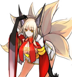 Rule 34 | 1girl, animal ears, bent over, black gloves, blonde hair, breasts, cleavage, elbow gloves, fox ears, fox tail, gloves, inari, kitsune, large breasts, long hair, midriff, multiple tails, orange eyes, original, pleated skirt, pupps, skirt, smile, solo, tail, yellow eyes
