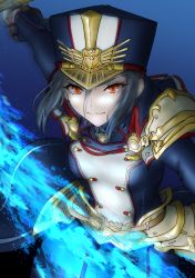 Rule 34 | black hair, blue background, blue fire, brown eyes, fire, gloves, grin, hat, incoming attack, looking at viewer, military, military uniform, morag ladair (xenoblade), nayuta-kanata, smile, sword, uniform, weapon, whip sword, white gloves, xeno bibi, xenoblade chronicles (series), xenoblade chronicles 2