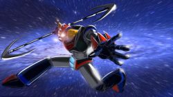 Rule 34 | 3d, bad id, bad pixiv id, blue background, glowing, glowing eyes, grendizer, highres, holding, holding weapon, mazinger (series), mecha, mecha focus, milky way, motion blur, no humans, one-hour drawing challenge, plc, realistic, robot, star (sky), super robot, ufo robo grendizer, weapon
