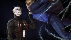 Rule 34 | 2boys, bald, black gloves, black leather, blonde hair, blood, blood on clothes, blue jacket, blue pants, blue shirt, blue suit, body modification, chain, closed mouth, dark background, dead by daylight, felix richter, gloves, grabbing another&#039;s chin, hand on another&#039;s chin, highres, hooks, hunnybear, injury, jacket, long sleeves, looking at another, multiple boys, pale skin, pants, pin, pinhead, shirt, smile, suit, suspension