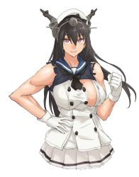 Rule 34 | 1girl, black hair, breasts, cosplay, dress, gloves, hat, headgear, highres, jervis (kancolle) (cosplay), jervis (kancolle), kantai collection, large breasts, long hair, nagato (kancolle), red eyes, sailor dress, sailor hat, solo, sozan, torn clothes, upper body, white background, white gloves