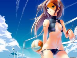 Rule 34 | 1girl, arm tattoo, ball, bare shoulders, beach, beach volleyball, bikini, blue eyes, breasts, brown hair, character request, cloud, copyright request, digital media player, earphones, female focus, from below, green eyes, highres, holding, holding ball, long hair, medium breasts, navel, nilitsu, open mouth, playing sports, side-tie bikini bottom, sideboob, sky, swimsuit, tattoo, underboob, unzipped top, visor cap, volleyball, volleyball (object), volleyball net, wallpaper