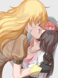 Rule 34 | 2girls, black gloves, blonde hair, breasts, brown hair, brown shirt, cleavage, closed eyes, collarbone, french kiss, gloves, grey background, head tilt, highres, holding another&#039;s wrist, jacket, jewelry, kiss, long hair, long sleeves, medium breasts, multicolored hair, multiple girls, necklace, neo politan, pink hair, rwby, shirt, short sleeves, split-color hair, tl (xdd), two-tone hair, very long hair, white jacket, yang xiao long, yuri