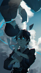 Rule 34 | 2boys, absurdres, ahoge, black hair, blue eyes, blue sky, clenched hand, cloud, crying, crying with eyes open, flying paper, gakuran, haori, highres, holding, holding paper, japanese clothes, koshotengai no hashihime, looking at another, looking up, minakami (koshotengai no hashihime), multiple boys, noose, open mouth, paper, paper stack, reading, school uniform, short hair, shrount, sky, tamamori (koshotengai no hashihime), tears, tears from one eye, teeth, upper teeth only, upside-down