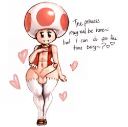 Rule 34 | 1boy, abs, bad id, bad link, bad tumblr id, erection, foreskin, heart, jewelry, large penis, lowres, male focus, mario (series), modeseven, mushroom, navel, necklace, nintendo, penis, presenting, red toad (mario), red vest, shortstack, smile, super mario bros. 1, testicles, thick thighs, thighhighs, thighs, toad (mario), trap, vest, white background, wide hips
