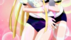 Rule 34 | 10s, 2girls, animated, animated gif, asia argento, blonde hair, blush, grabbing another&#039;s breast, brown hair, closed eyes, glasses, grabbing, high school dxd, kiryuu aika, long hair, multiple girls, open mouth, screencap, shorts, smile, standing, yuri