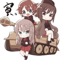 Rule 34 | 3girls, :&gt;, :&lt;, akaboshi koume, blue eyes, blush, brown eyes, brown hair, chibi, closed mouth, crossed arms, girls und panzer, highres, itsumi erika, kuromorimine military uniform, long hair, long sleeves, looking at viewer, military, military vehicle, motor vehicle, multiple girls, nabe (nabe otome), nishizumi maho, open mouth, pleated skirt, red skirt, short hair, sitting, skirt, smile, standing, tank, tiger i, translation request
