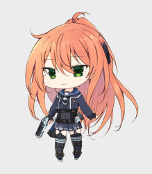 Rule 34 | 1girl, ankle boots, black thighhighs, boots, buttons, cardigan, chibi, collarbone, finger on trigger, fingerless gloves, full body, garter straps, gloves, green eyes, grey background, gun, hair between eyes, hair ornament, handgun, hmcs athabaskan (g07), holding, holding gun, holding weapon, knee pads, leg up, long hair, long sleeves, myuto (advent retribution), orange hair, original, personification, ponytail, propeller, rigging, royal canadian navy, sailor collar, simple background, solo, steel-toe boots, thighhighs, transparent background, weapon
