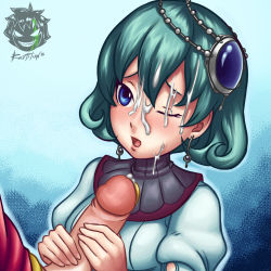 Rule 34 | 10s, 1boy, 1girl, 2015, artist name, blue eyes, blue hair, blush, cecilia (rodea), character request, cum, cumdrip, dated, earrings, erection, facial, hair ornament, handjob, hetero, highres, jewelry, one eye closed, open mouth, penis, revtilian, rodea, rodea the sky soldier, short hair, solo focus, tenkuu no kishi rodea, two-handed handjob, uncensored, watermark