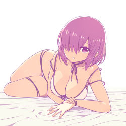 Rule 34 | 1girl, alternate costume, bare shoulders, bikini, breasts, chan co, cleavage, collarbone, fate/grand order, fate (series), hair over one eye, large breasts, looking at viewer, lying, mash kyrielight, multi-strapped bikini, on side, open mouth, purple eyes, purple hair, short hair, simple background, solo, strap slip, swimsuit, white background, white bikini