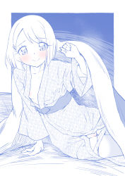 Rule 34 | 1girl, arm support, bath yukata, bed sheet, blue theme, blush, breasts, cleft of venus, closed mouth, commentary, futon, hair ornament, hairclip, hanadera nodoka, healin&#039; good precure, highres, japanese clothes, kimono, leaning to the side, looking at viewer, miyagoe yoshitsuki, monochrome, on bed, panties, panty pull, precure, pussy, sash, short hair, small breasts, smile, solo, spot color, swept bangs, under covers, underwear, yukata