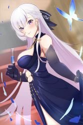 Rule 34 | azur lane, belfast (azur lane), belfast (the noble attendant) (azur lane), bow, braid, bug, butterfly, cafenami, chain, champagne flute, clothes lift, cup, dress, drinking glass, elbow gloves, evening gown, french braid, from side, gloves, gold bracelet, gold chain, hair bow, halter dress, halterneck, highres, holding, holding cup, insect, lifted by self, long hair, looking at viewer, purple eyes, skirt, skirt lift, thumb ring, white hair