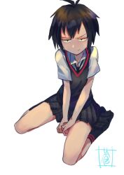 Rule 34 | 1girl, angry, antenna hair, artist name, between legs, black hair, black necktie, black skirt, black socks, black sweater vest, blush, breasts, closed mouth, commentary, constricted pupils, dress shirt, full body, glaring, hand between legs, highres, light blush, light frown, looking at viewer, marvel, narrowed eyes, necktie, no shoes, own hands together, peni parker, plaid, plaid skirt, pleated skirt, ribbed socks, sanpaku, school uniform, shirt, short hair, short sleeves, signature, simple background, sitting, skirt, small breasts, smirk, socks, solo, sou (pale 1080), spider-man: into the spider-verse, spider-man (series), spider-verse, staring, sweater vest, v-shaped eyebrows, v arms, very short hair, wariza, white background, white shirt
