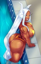 Rule 34 | 1girl, arched back, ass, bikini, boku no hero academia, breasts, dark-skinned female, dark skin, from above, grin, highres, huge ass, large breasts, long eyelashes, long hair, looking at viewer, mirko, muscular, muscular female, outdoors, partially submerged, pool, poolside, rabbit ears, smile, solo, standing, swimsuit, very long hair, white hair, yellow bikini