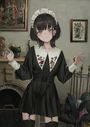 Rule 34 | 1girl, absurdres, black dress, black hair, black nails, black thighhighs, blush, closed mouth, contrapposto, cowboy shot, cross, dress, earrings, fingernails, garter straps, gishiki (gshk), hands up, highres, jewelry, latin cross, looking at viewer, maid headdress, medium hair, nail polish, original, photo background, pin, plant, potted plant, revision, short dress, smiley face, solo, thighhighs, yellow eyes