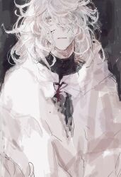 Rule 34 | 1boy, blood, blood on face, fate/grand order, fate (series), fuwafuwa no inu, grey background, grey eyes, hair over one eye, highres, long hair, looking at viewer, male focus, merlin (fate), messy hair, robe, simple background, solo, upper body, white hair, white robe