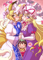 Rule 34 | 3girls, animal ears, animal hat, blonde hair, blush, bow, breast press, breasts, brown eyes, brown hair, chen, choker, cleavage, cleavage cutout, clothing cutout, covered erect nipples, double v, downblouse, dress, elbow gloves, fang, fang out, fox ears, fox tail, gap (touhou), gloves, green hair, hair between eyes, hand around neck, hat, hat ribbon, heart, highres, hip focus, holding hands, imakixxx, interlocked fingers, juliet sleeves, large breasts, long hair, long sleeves, looking at viewer, medium breasts, mob cap, multiple girls, multiple tails, open mouth, puffy long sleeves, puffy short sleeves, puffy sleeves, purple eyes, red eyes, red lips, ribbon, ribbon choker, short sleeves, sidelocks, slit pupils, small breasts, spoken heart, sweatdrop, symmetrical docking, tabard, tail, tongue, tongue out, touhou, v, very long hair, wavy mouth, white dress, white gloves, yakumo ran, yakumo yukari, yellow eyes