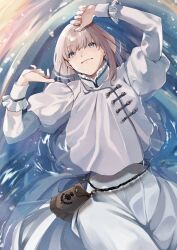 Rule 34 | 1boy, arms up, bag, belt, blonde hair, blue eyes, collared shirt, commentary request, dress, fate/grand order, fate (series), frilled shirt, frilled shirt collar, frilled sleeves, frills, happy, high collar, highres, long sleeves, looking at viewer, lying, male focus, medium hair, multiple boys, oberon (fate), on back, partially submerged, pouch, puffy long sleeves, puffy sleeves, sausu hitori, shirt, sign of the horns, smile, solo, tagme, trap, underdress, water, white dress, white shirt