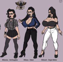 Rule 34 | 3girls, absurdres, black hair, black lips, blue eyes, breasts, choker, crest, family, family crest, glasses, goth fashion, gothic fashion, highres, huge breasts, large breasts, long hair, mature female, multiple girls, original, short hair