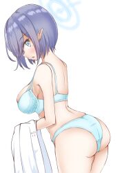 Rule 34 | 1girl, :o, aoi (blue archive), aqua bra, aqua panties, arched back, ass, back, blue archive, blush, bra, breasts, chibi chosu, cowboy shot, ear piercing, expressionless, eyelashes, from side, grey eyes, grey hair, halo, highres, holding, holding clothes, leaning forward, looking at viewer, looking to the side, medium breasts, mole, mole under eye, open mouth, panties, piercing, pointy ears, short hair, sideways glance, simple background, solo, standing, underwear, underwear only, white background