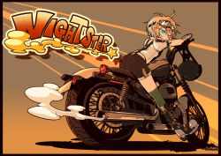 Rule 34 | 1boy, blonde hair, boots, child, english text, frown, goggles, goggles on head, green eyes, looking back, motor vehicle, motorcycle, original, shorts, smoke, suparu (detteiu), suspenders, thighhighs, vehicle