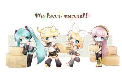 Rule 34 | 1boy, 3girls, :d, blonde hair, blue eyes, blue hair, boots, bow, box, box stack, cardboard box, carrying, chibi, collared shirt, cross-laced footwear, detached sleeves, english text, hair bow, hair ornament, hairclip, hatsune miku, headphones, headset, high collar, holding, holding box, kagamine len, kagamine rin, kayano celica, lace-up boots, leaning forward, leg warmers, long hair, long sleeves, looking back, megurine luka, multiple girls, necktie, open mouth, picking up, pink hair, pleated skirt, ponytail, sailor collar, shirt, short hair, shorts, side slit, skirt, sleeveless, sleeveless shirt, smile, thigh boots, thighhighs, very long hair, vocaloid, walking